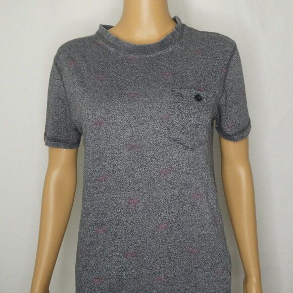 Creative Destruction Flamingo Print Pocket T Shirt Tee Grey Pink Short Sleeve - Picture 2 of 10